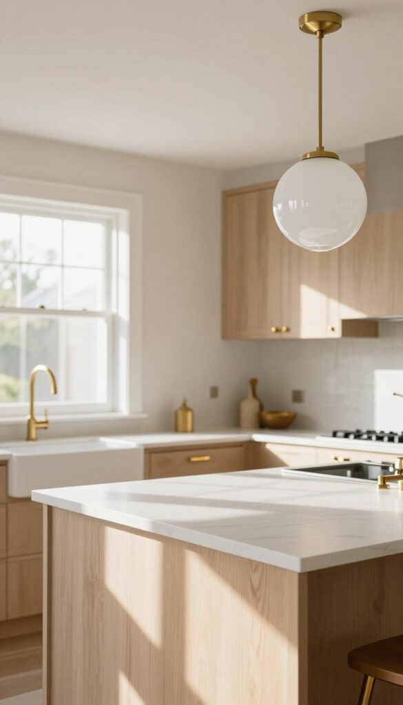 Bright kitchen with white island and brass pendant light