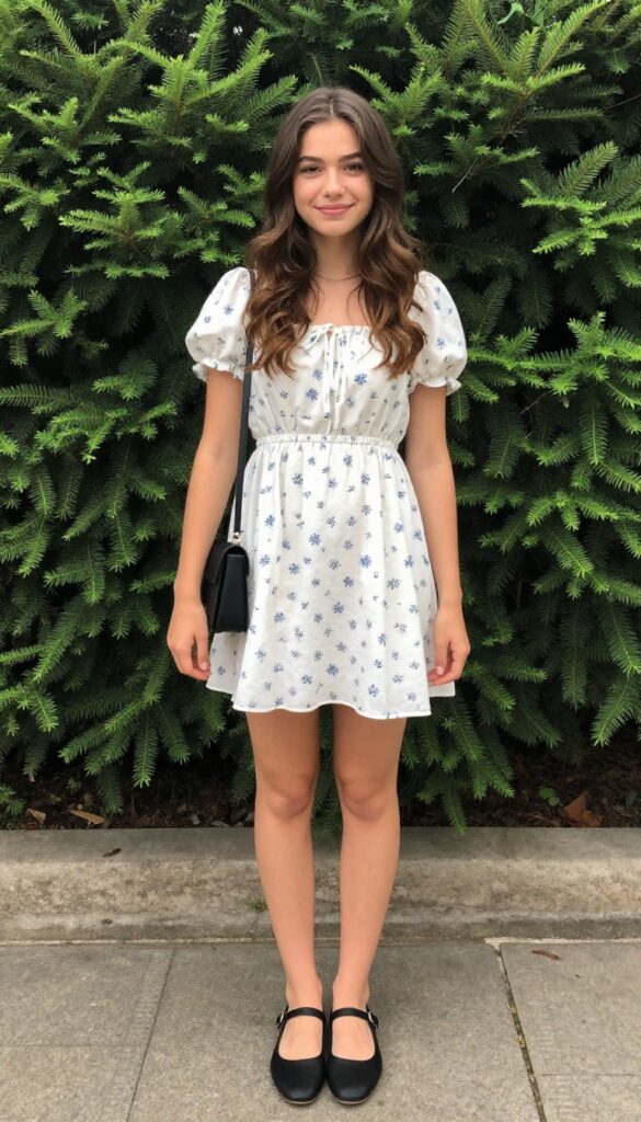 Teen girl in floral puff-sleeve mini dress with Mary Janes and crossbody bag in garden