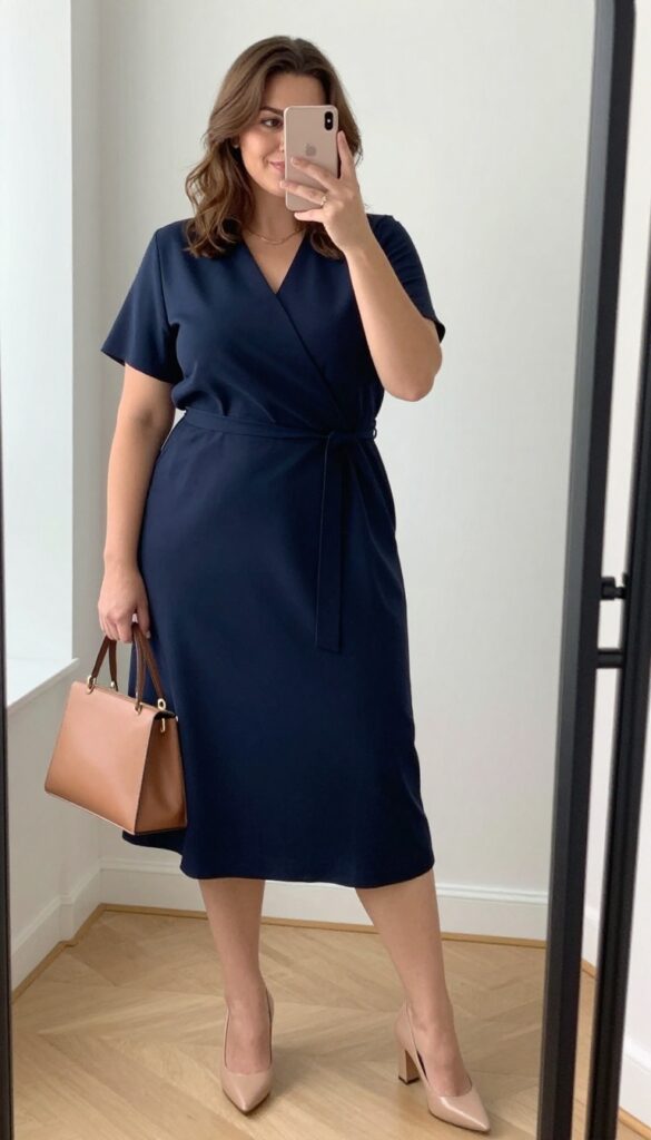 Plus-size woman in a navy midi wrap dress and nude block heels taking a mirror selfie in a bright, minimal office setting.
