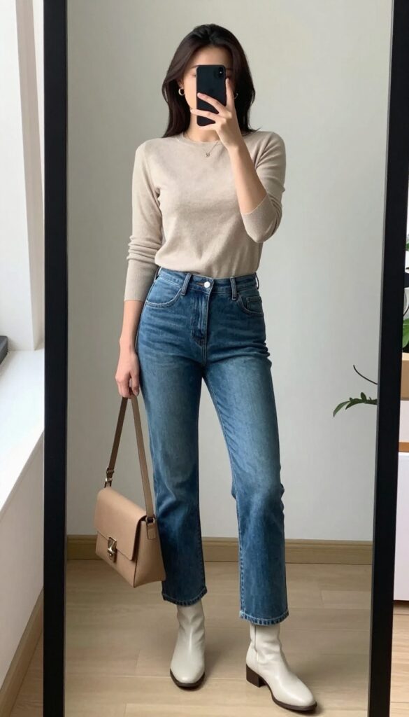Woman taking a mirror selfie wearing a cream knit top tucked into straight-leg jeans, with ankle boots and a crossbody bag, in a bright room.