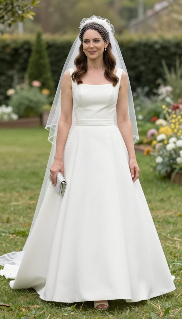 Young woman in tea-length white wedding dress with satin sash bow, kitten heels, and birdcage veil in garden
