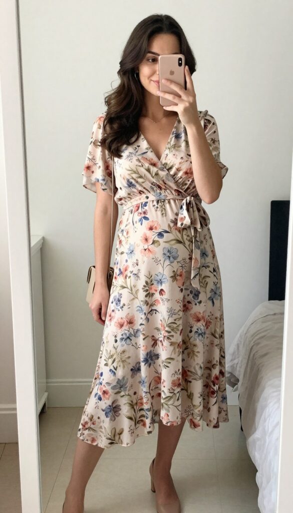 Pregnant woman in a floral wrap dress with low block heels, taking a mirror selfie. She has soft waves and gold hoop earrings, holding a phone. The setting is bright and clean, with a neutral background.