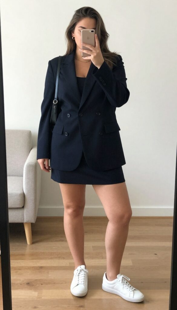 Woman in navy blazer dress and white sneakers, crossing street with crossbody bag