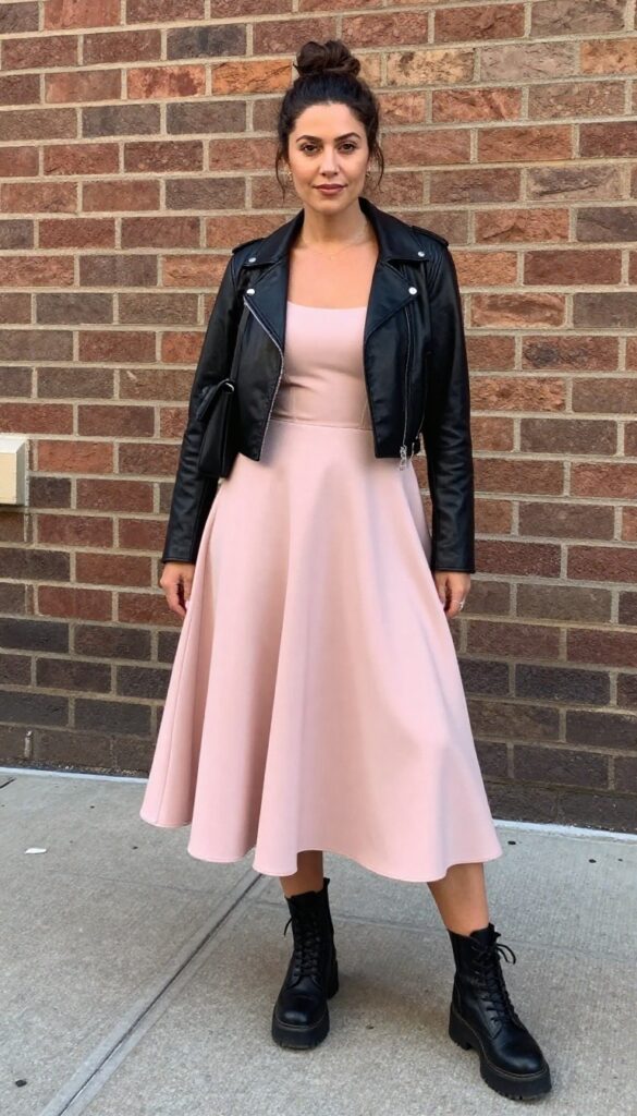 Young woman in blush midi dress, black leather jacket, and combat boots standing on city sidewalk, holding black crossbody bag, confident look.