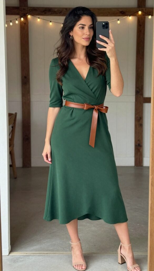 Adult woman in forest green wrap dress with leather bow belt, nude heels, gold hoops, standing in rustic barn with string lights