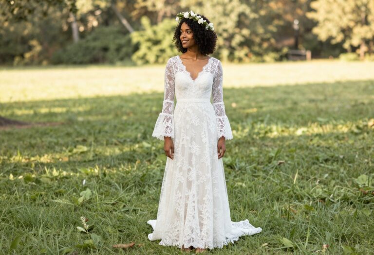Black woman in boho lace wedding dress with flower crown in meadow