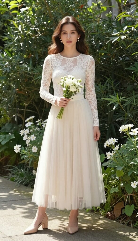 Young adult woman in white lace bodysuit and full tulle skirt standing in a sunlit garden, holding a bouquet, wearing nude heels and pearl earrings.