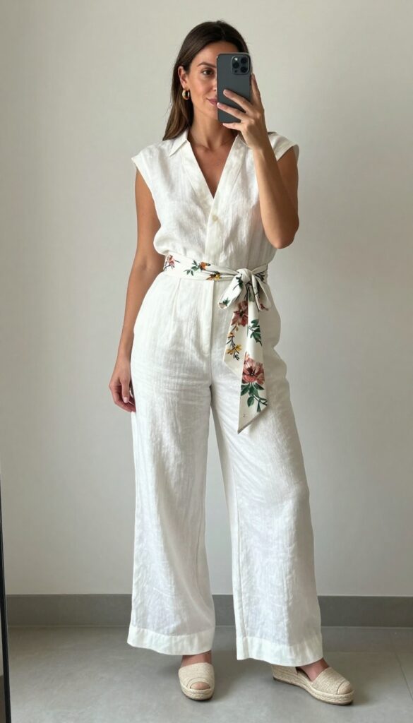Adult woman in white linen jumpsuit with statement floral sash, espadrille wedges, and gold hoop earrings, standing in a sunlit garden.