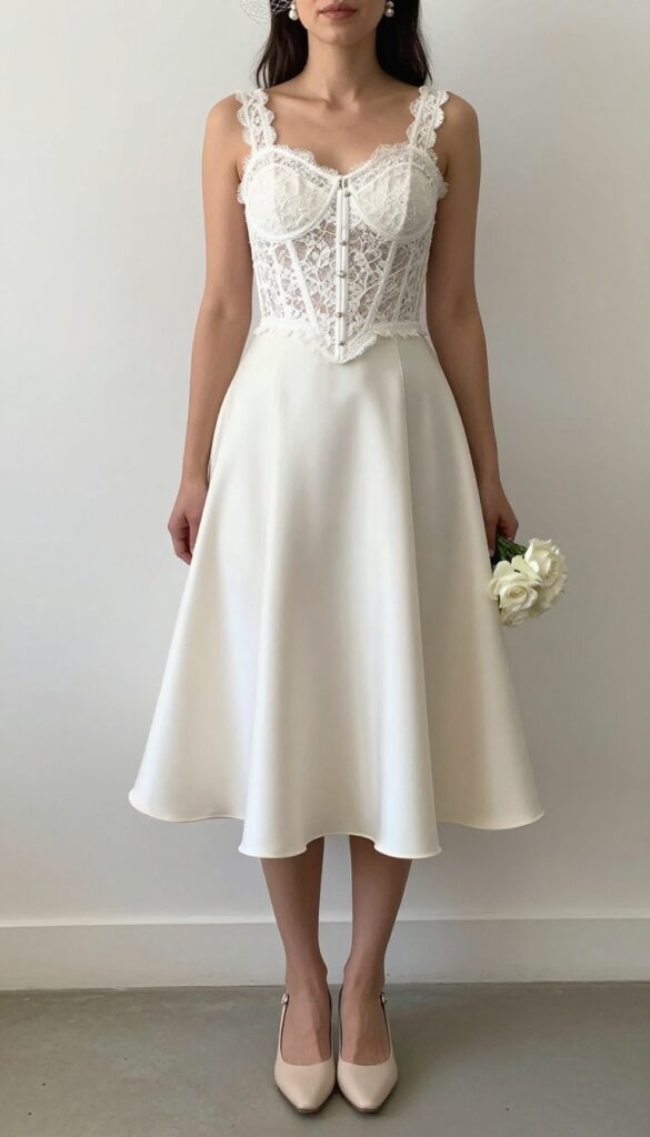 Woman in white lace corset and A-line satin skirt with pearl earrings and veil standing in sunlit church doorway