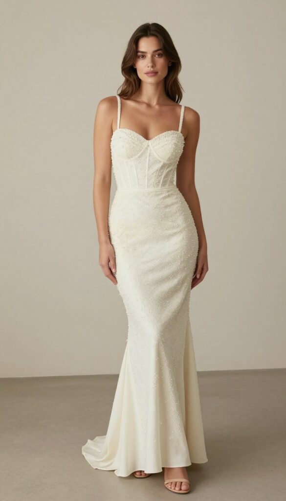 Curvy bride in mermaid gown with sweetheart neckline and beaded bodice, standing in ballroom