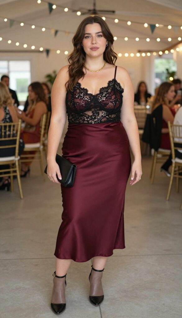 Plus-size woman in burgundy slip dress with lace overlay and heeled boots at evening wedding