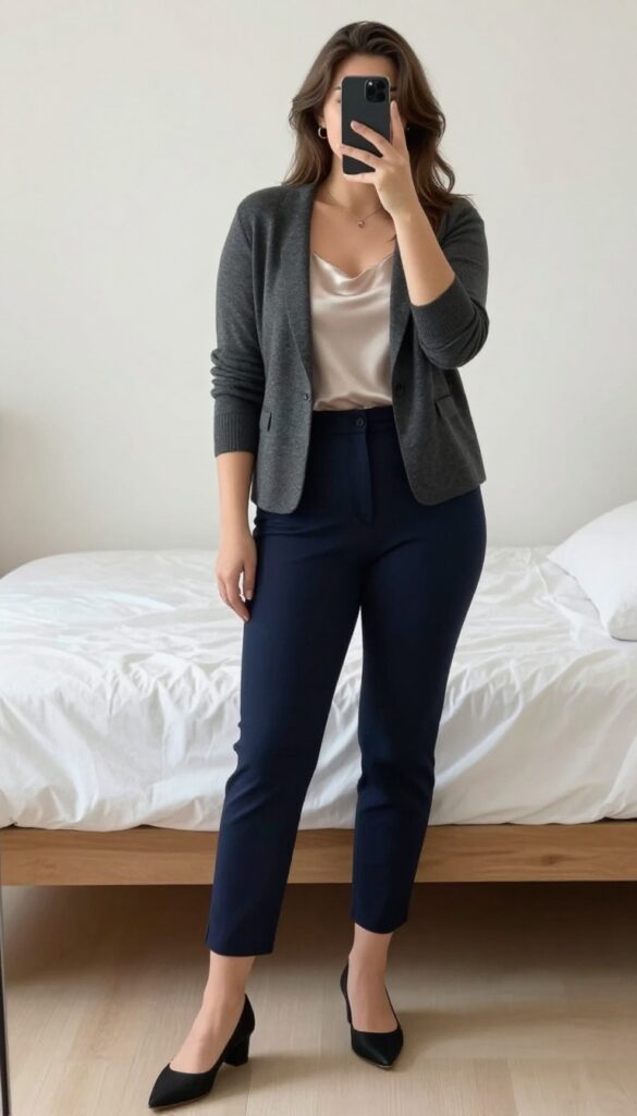 A woman in a knit blazer and silk camisole with high-waisted trousers, pointed flats, and minimal jewelry, standing in a modern office setting.