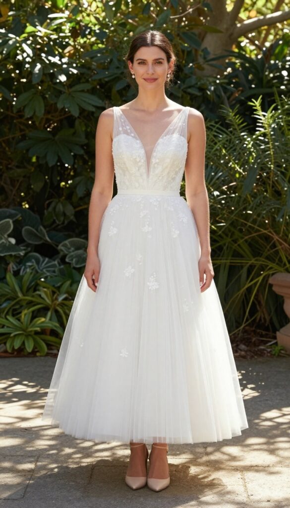 Woman in white tulle wedding dress with illusion back, low block heels, and pearl earrings in garden setting.