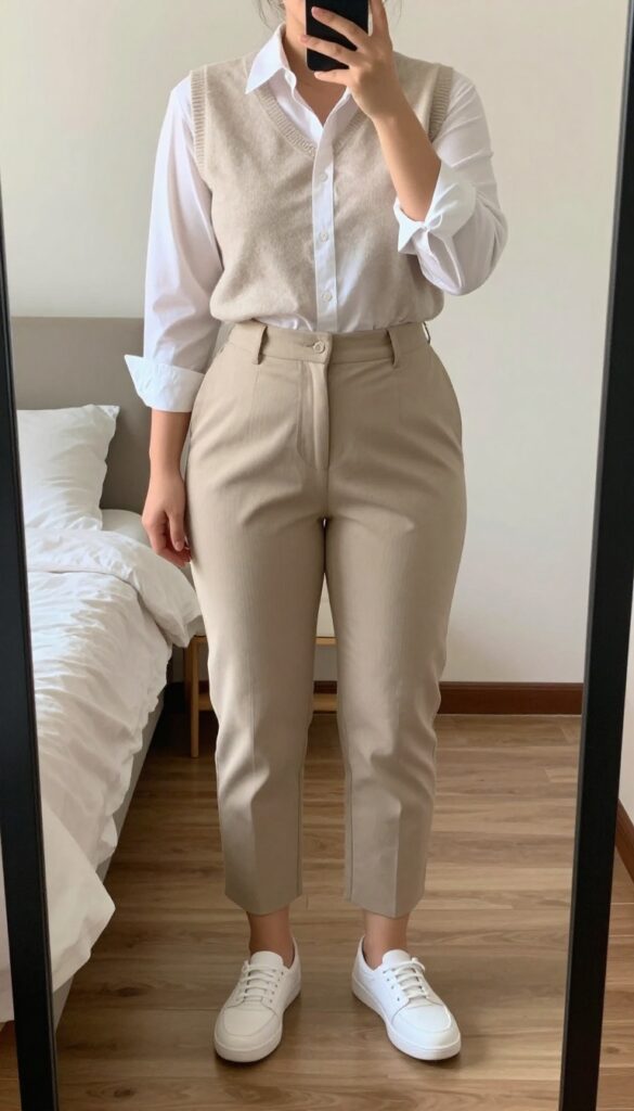 Woman in sweater vest over button-down with cropped trousers and loafers