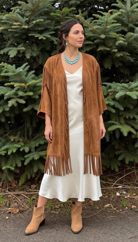Adult woman with long dark hair wearing a suede fringe cape over a silk slip dress, tan ankle boots, and turquoise jewelry in a forest.