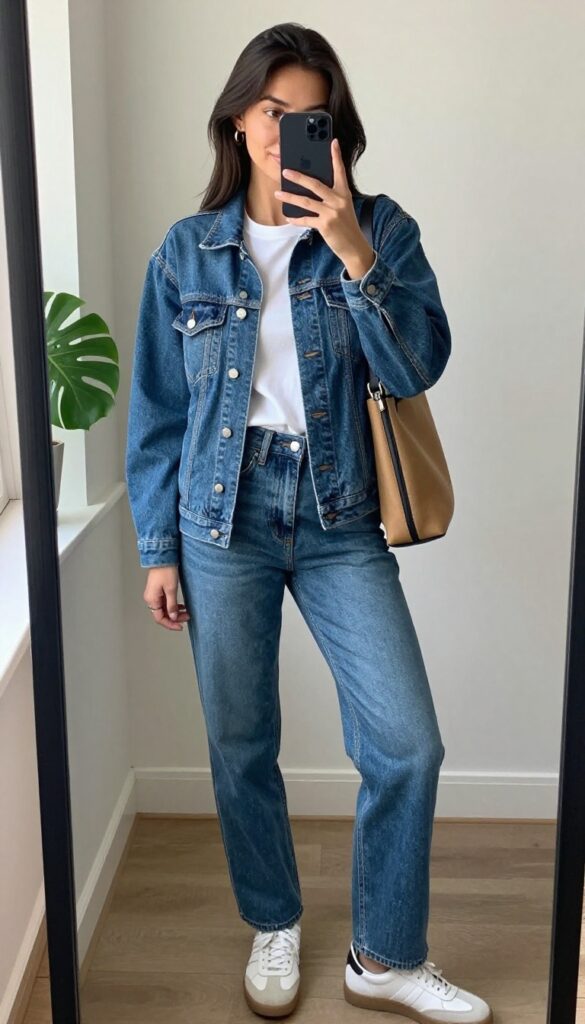 Woman taking a mirror selfie wearing a matching medium-wash denim jacket and jeans set with a white tee, white sneakers, and a tan crossbody bag, in a bright, casual indoor setting.