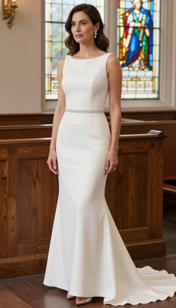 Woman in white mermaid wedding dress with sparkle belt, standing in chapel