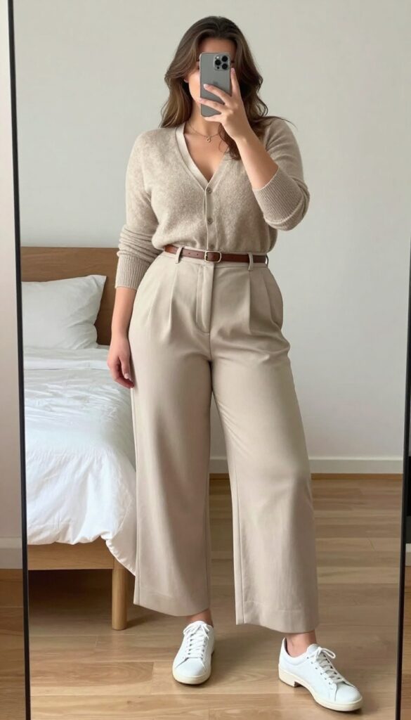 Woman in cashmere cardigan, silk shell, and wide-leg pants
