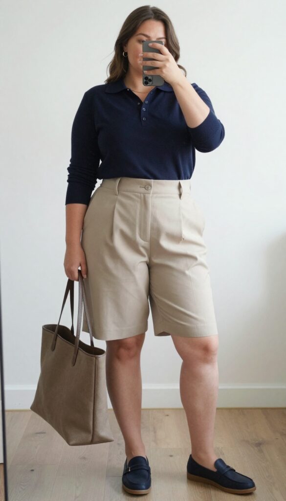 Woman in knit polo and tailored shorts taking mirror selfie