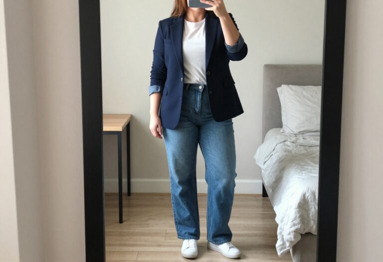 Woman in navy blazer, white tee, and jeans taking a mirror selfie in bedroom