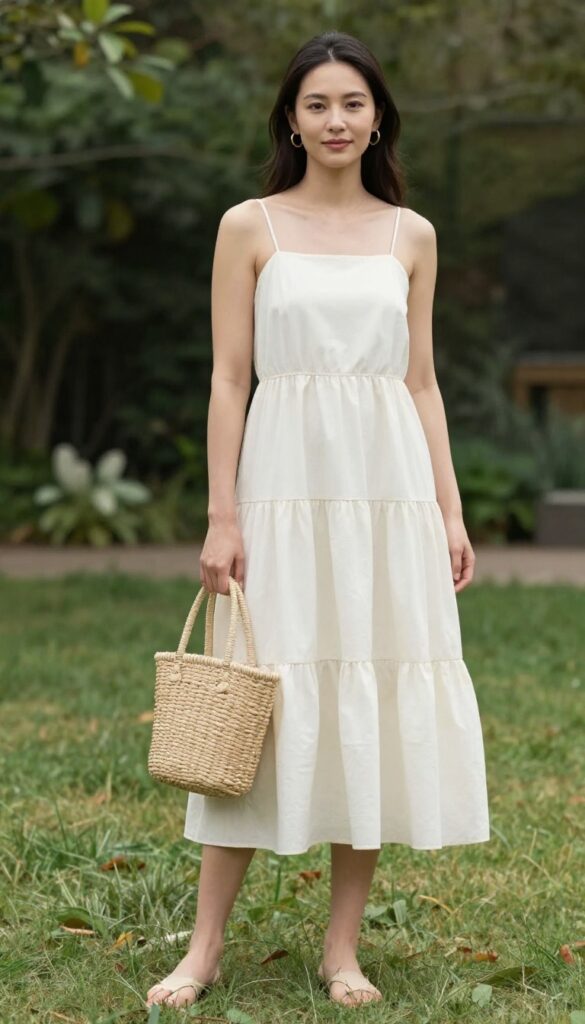 Boho wedding outfit: tiered ruffle ivory dress, gold hoop earrings, woven straw bag, barefoot on grass at garden wedding.