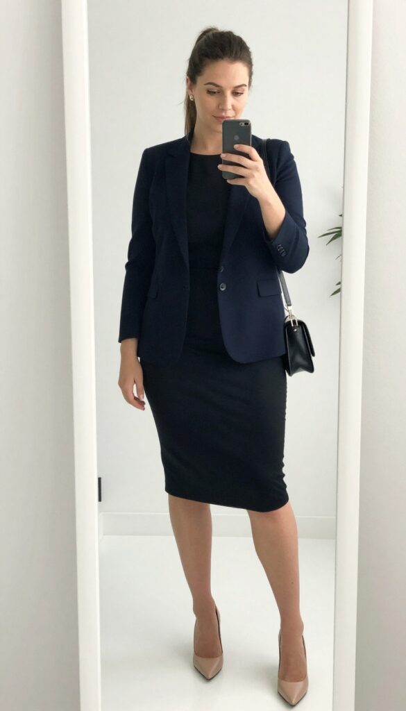Plus-size woman in black shift dress and navy blazer taking a mirror selfie in bright office setting.