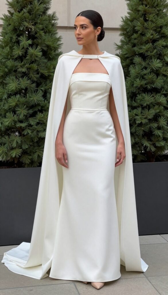 Adult woman in satin strapless wedding dress with structured cape, standing in modern city hall, wearing low bun and nude pumps.