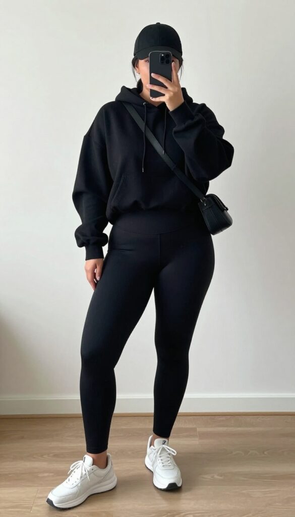 Plus-size woman in black monochrome athleisure outfit: high-waisted leggings, oversized hoodie, chunky sneakers, baseball cap, and crossbody bag, posing in a mirror selfie.