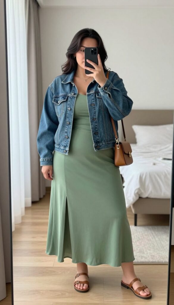 Plus-size woman in flowy maxi dress and denim jacket taking a mirror selfie, showcasing a travel outfit that is comfortable and stylish.