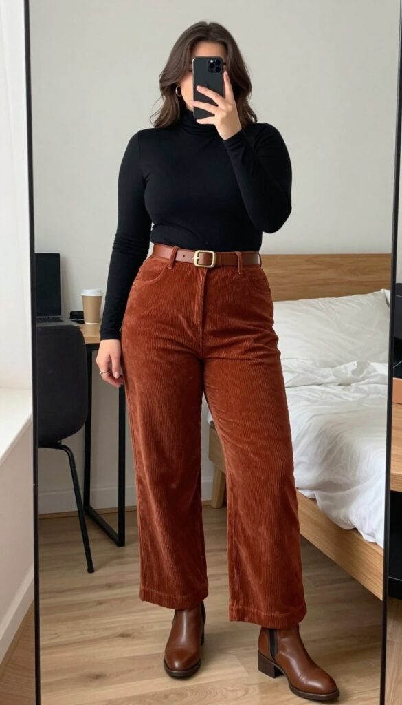 Rust corduroy pants and black turtleneck outfit with brown leather boots and tote bag
