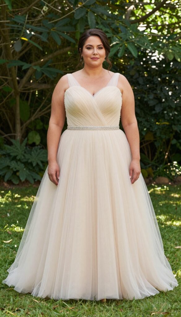 Curvy bride in A-line tulle gown with corset bodice and sparkly belt, standing in sunlit garden, natural lighting.