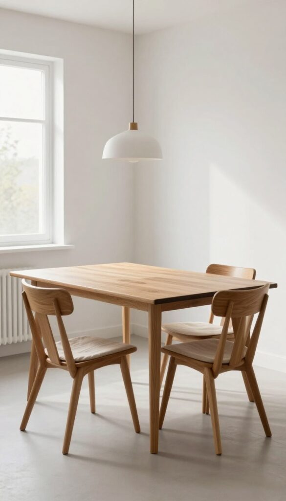 Kitchen with drop-leaf table and folding chairs, pendant light above, bright natural light
