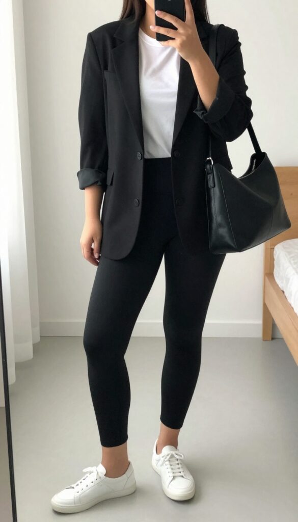 Woman in black leggings, white tee, and black blazer with rolled sleeves, white sneakers, and leather crossbody bag, standing confidently.