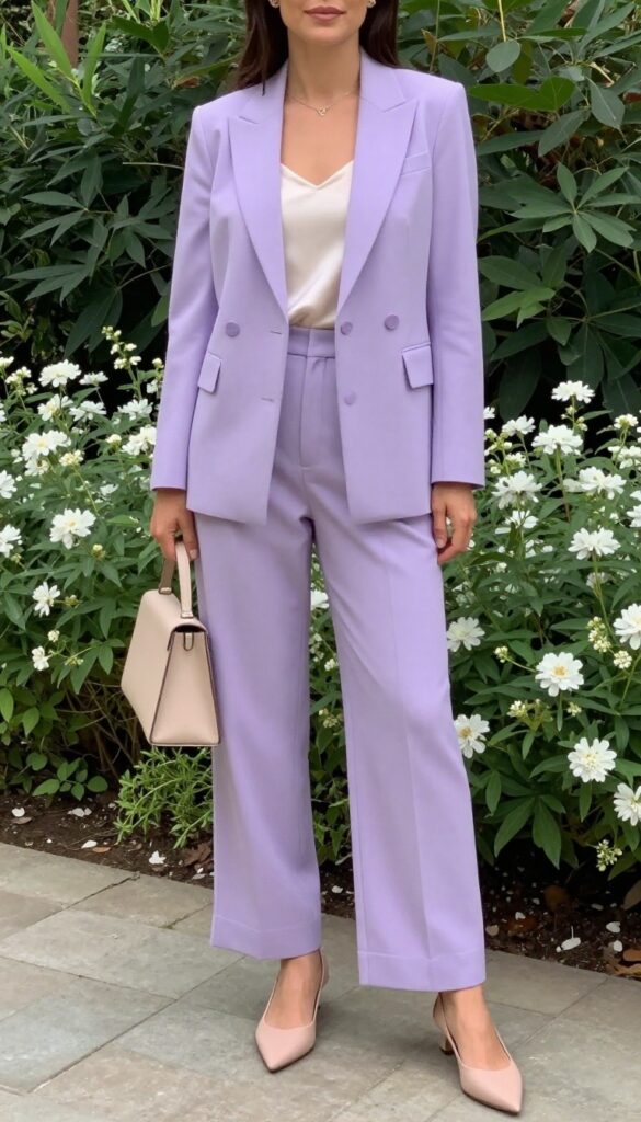 Woman in lavender power suit with silk camisole and nude flats at garden wedding