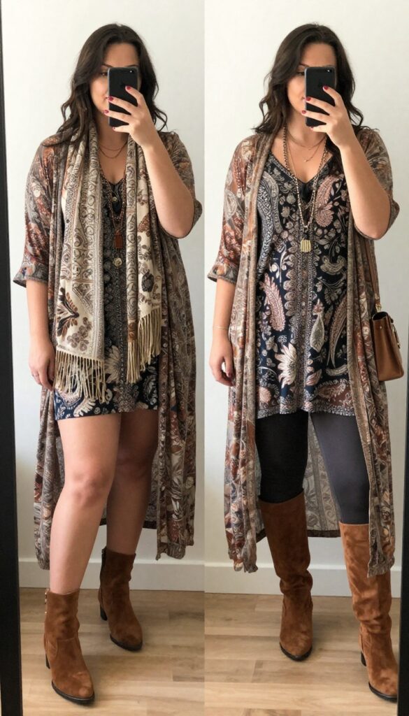 A woman in a patterned tunic, leggings, long cardigan, and boots, standing in a casual coffee shop setting.