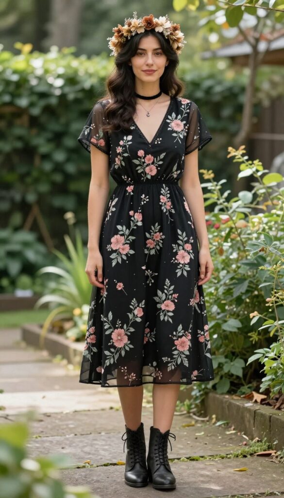Woman in black embroidered floral midi dress with flower crown and ankle boots in garden