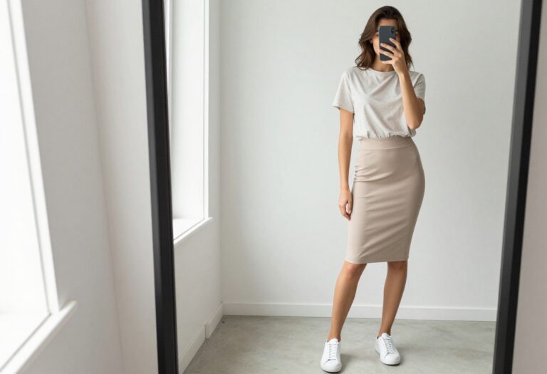 Woman in casual pencil skirt outfit with t-shirt and sneakers, taking a mirror selfie in bright natural light.