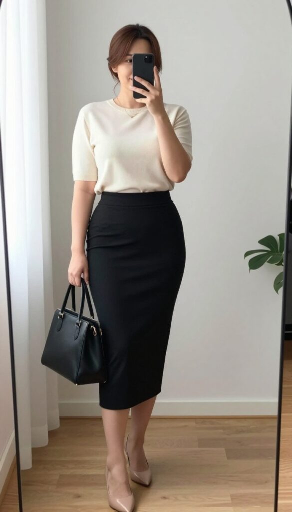 Plus-size woman in a black pencil skirt and cream knit top, posing in a mirror selfie in a bright office-inspired setting.