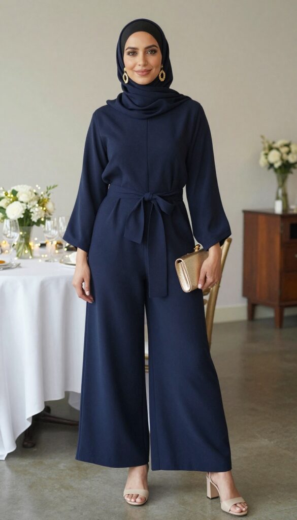 Hijabi woman in navy jumpsuit with bow at waist at wedding reception