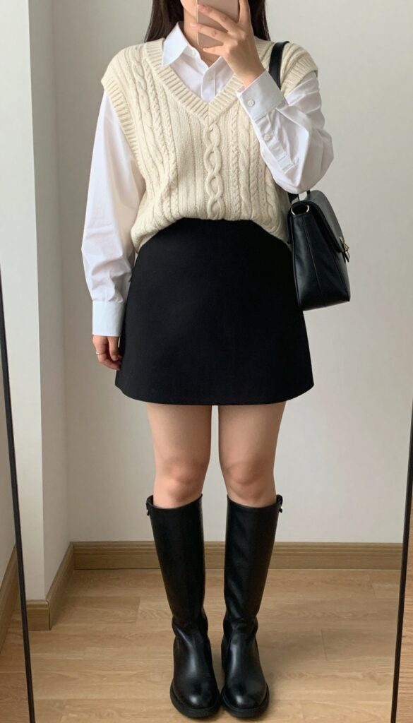 A woman in a cream sweater vest and white button-down shirt paired with a black mini skirt, knee-high boots, and a crossbody bag, styled for a modern academic look.