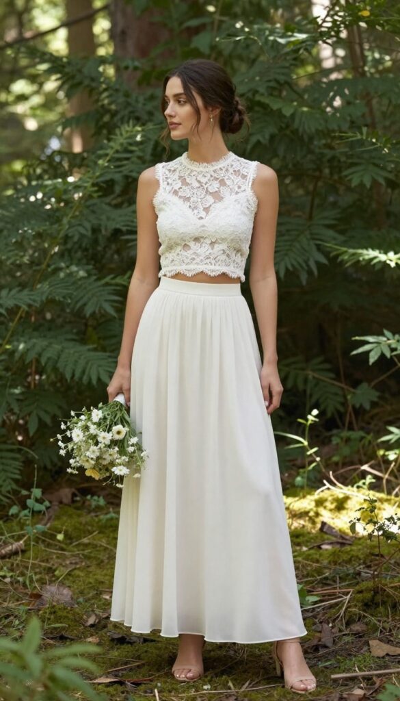 Woman in forest wearing white lace crop top and flowing ivory chiffon skirt with strappy sandals and wildflower bouquet