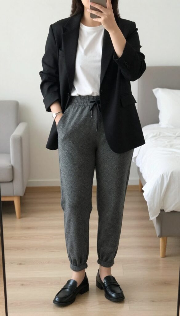 Woman in grey joggers, black blazer, white tee, and loafers posing in a mirror selfie, phone partially covering face.