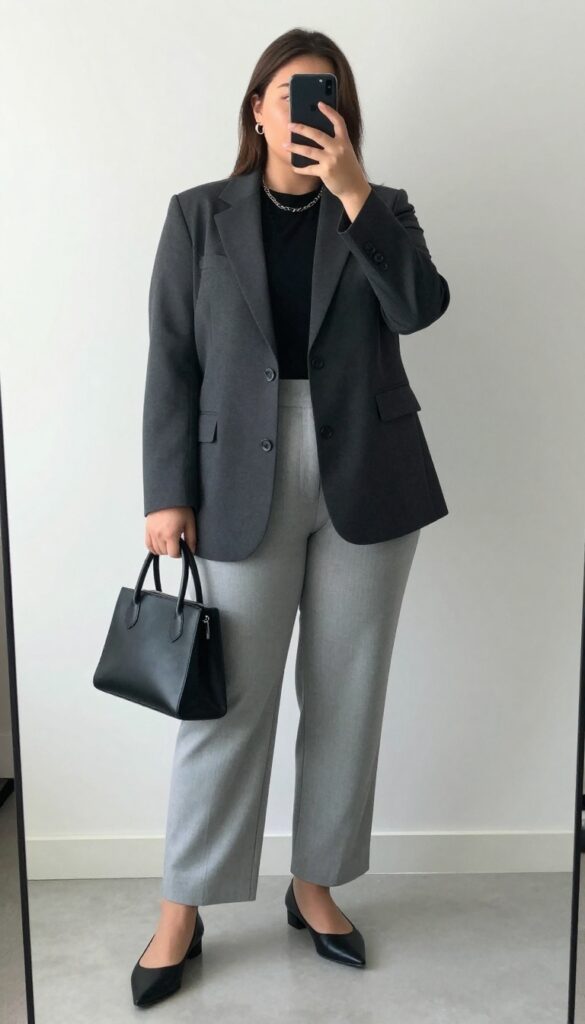 A woman in a charcoal blazer, light gray trousers, and a black mock neck, accessorized with silver jewelry and a structured tote, standing in a professional setting.