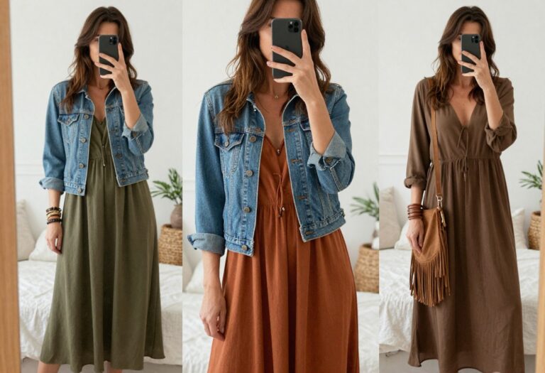 A woman in a flowy maxi dress and denim jacket takes a mirror selfie, showcasing a relaxed boho outfit for everyday mom style.