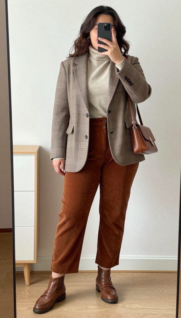 A woman in a plaid blazer, corduroy pants, and a neutral turtleneck, posing in a mirror selfie at home, phone partially covering face.