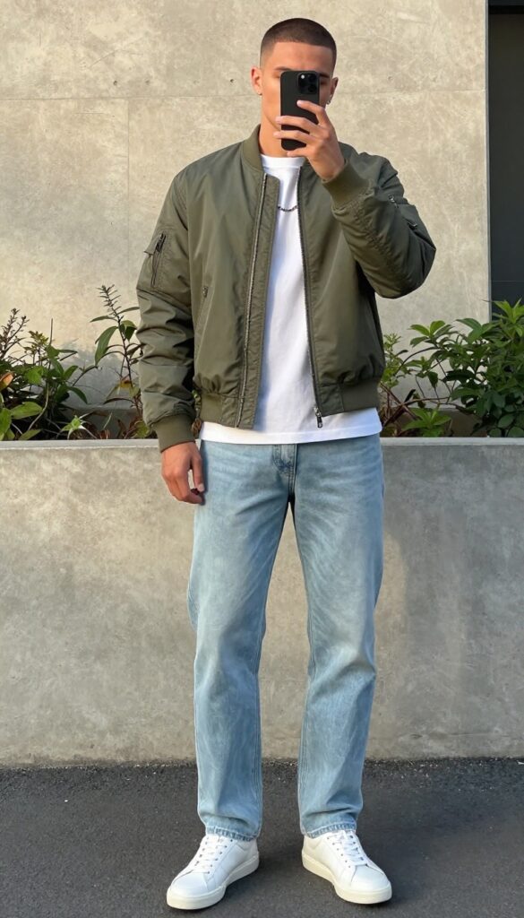 Man in olive bomber jacket, white tee, light jeans, and white sneakers standing on a sunny city street.