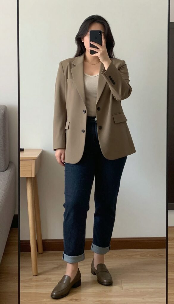 A woman size 12-14 wearing a tailored blazer, soft knit, and straight-leg dark wash jeans, posing in a mirror selfie.