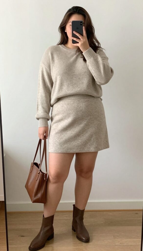 A woman wearing a matching oatmeal knit sweater and midi skirt, posing in a mirror selfie, holding a phone partially covering her face, with ankle boots and a leather tote nearby.