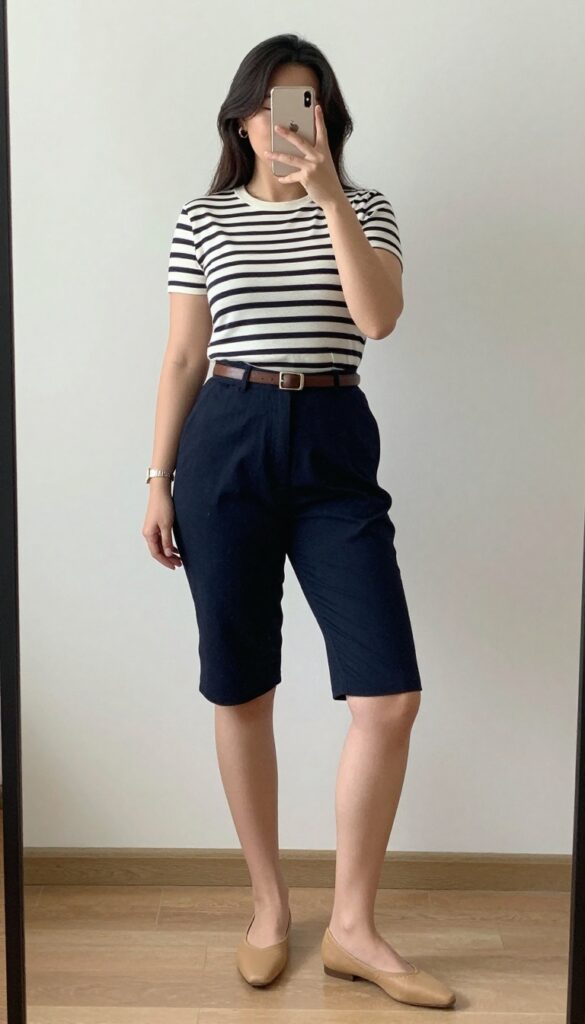 Woman in A-line shorts and striped Breton top with ballet flats, taking a mirror selfie in a bedroom.