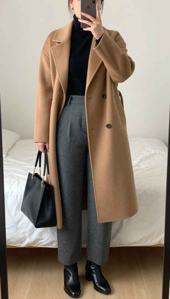 A woman in a camel coat, black turtleneck, and gray wide-leg trousers, posing in a mirror selfie, holding a phone partially covering her face.